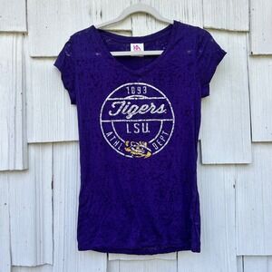 LSU Tigers 1893 Athletic‎ Dept Purple Burnout V Neck T Shirt Womens L G